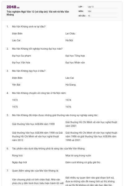 Trắc nghiệm Ngữ Văn 12 (có đáp án): Vài nét về Ma Văn Kháng