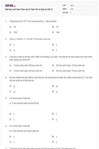 Bài tập cuối tuần Toán lớp 4 Tuần 28 có đáp án (Đề 3)