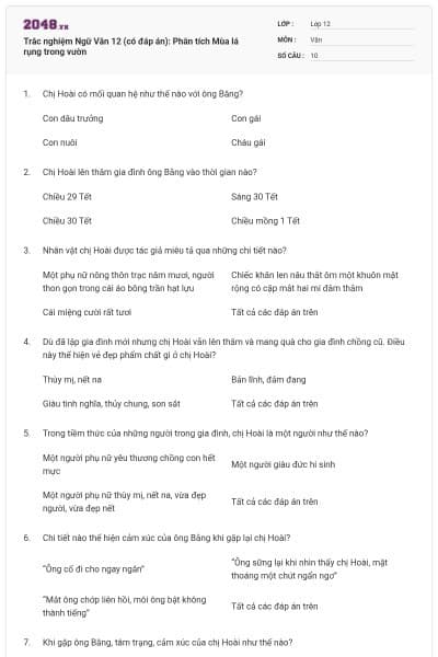 Trắc nghiệm Ngữ Văn 12 (có đáp án): Phân tích Mùa lá rụng trong vườn