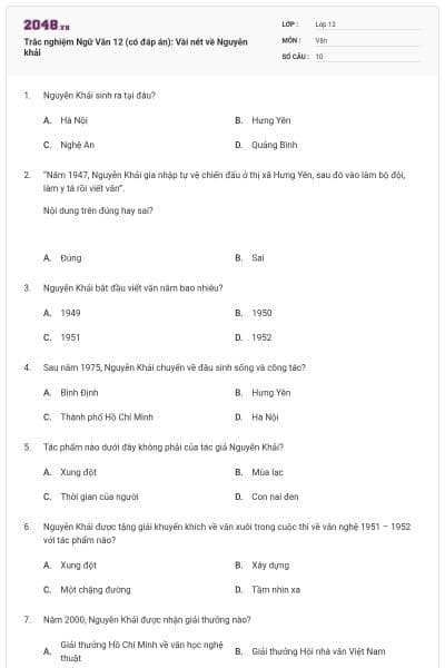 Trắc nghiệm Ngữ Văn 12 (có đáp án): Vài nét về Nguyễn khải