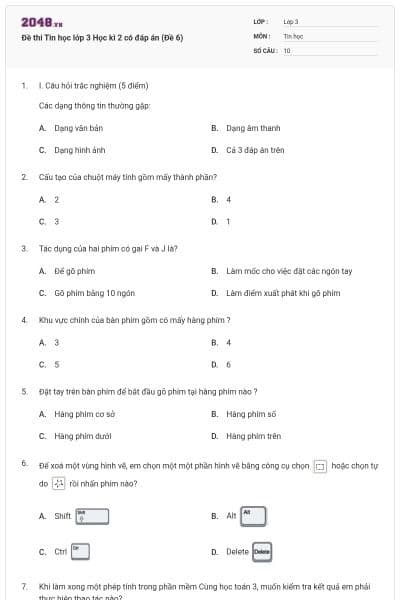 Đề thi Tin học lớp 3 Học kì 2 có đáp án (Đề 6)