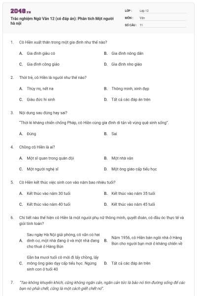 Trắc nghiệm Ngữ Văn 12 (có đáp án): Phân tích Một người hà nội