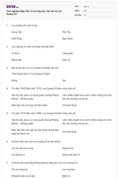 Trắc nghiệm Ngữ Văn 12 (có đáp án): Vài nét về Lưu Quang Vũ