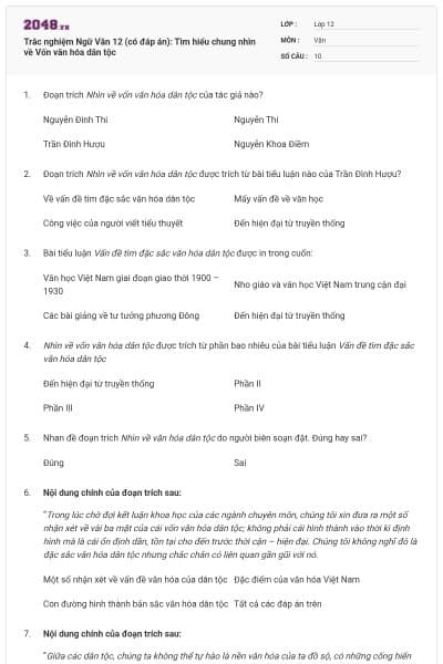 Trắc nghiệm Ngữ Văn 12 (có đáp án): Tìm hiểu chung nhìn về Vốn văn hóa dân tộc