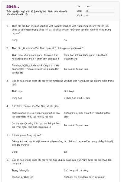 Trắc nghiệm Ngữ Văn 12 (có đáp án): Phân tích Nhìn về vốn văn hóa dân tộc