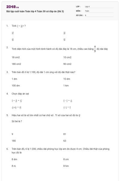 Bài tập cuối tuần Toán lớp 4 Tuần 30 có đáp án (Đề 3)