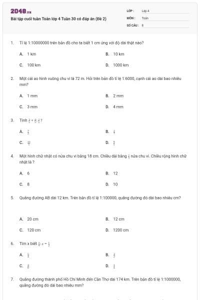 Bài tập cuối tuần Toán lớp 4 Tuần 30 có đáp án (Đề 2)