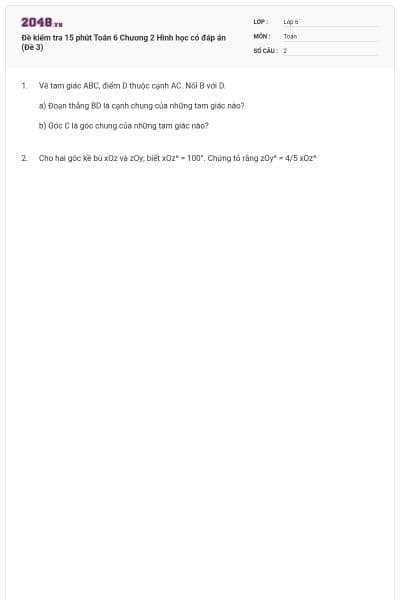 Đề kiểm tra 15 phút Toán 6 Chương 2 Hình học có đáp án (Đề 3)