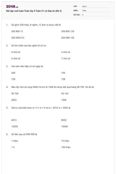 Bài tập cuối tuần Toán lớp 4 Tuần 31 có đáp án (Đề 2)