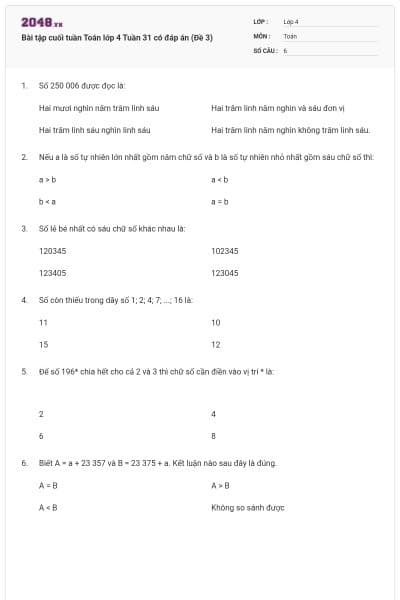 Bài tập cuối tuần Toán lớp 4 Tuần 31 có đáp án (Đề 3)