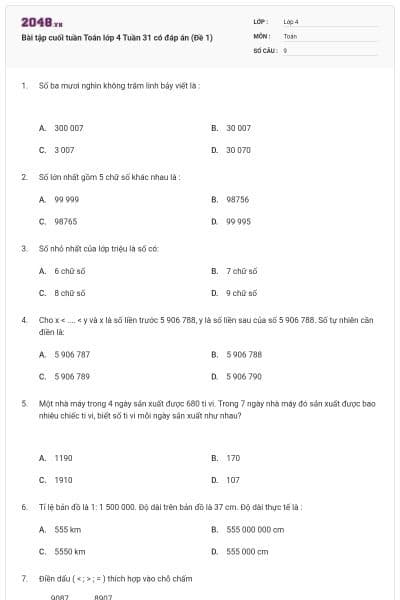 Bài tập cuối tuần Toán lớp 4 Tuần 31 có đáp án (Đề 1)