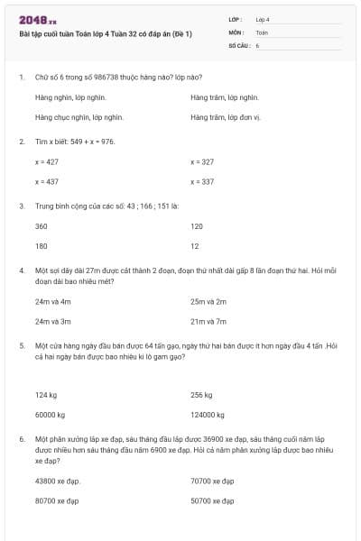 Bài tập cuối tuần Toán lớp 4 Tuần 32 có đáp án (Đề 1)