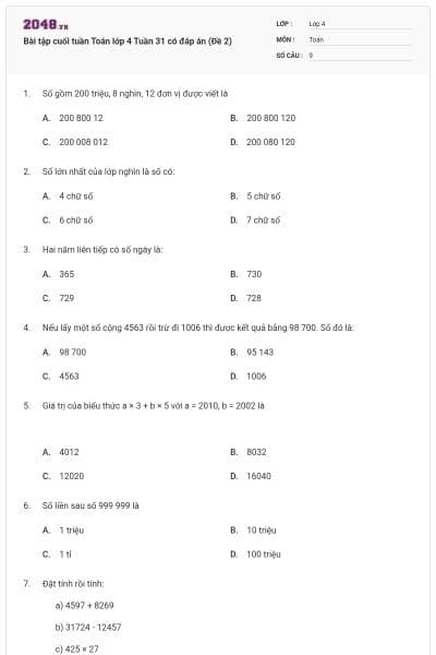 Bài tập cuối tuần Toán lớp 4 Tuần 31 có đáp án (Đề 2)