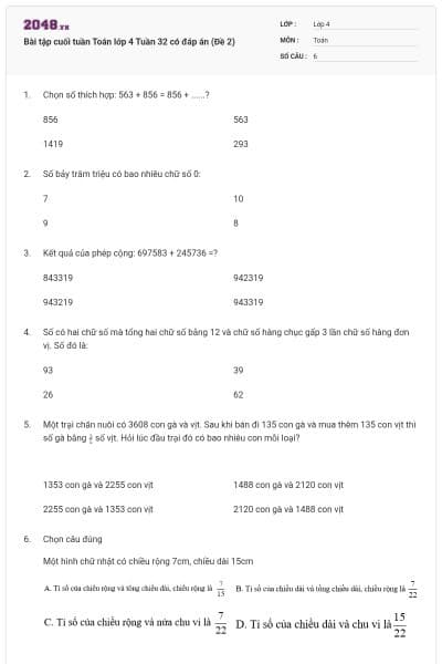Bài tập cuối tuần Toán lớp 4 Tuần 32 có đáp án (Đề 2)