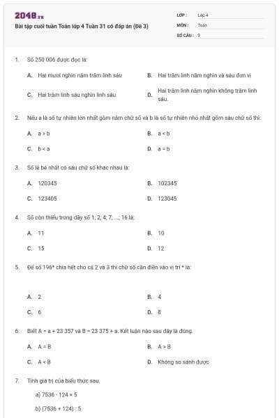 Bài tập cuối tuần Toán lớp 4 Tuần 31 có đáp án (Đề 3)