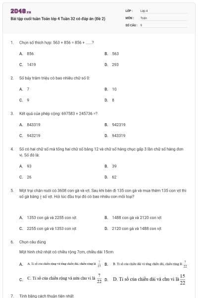 Bài tập cuối tuần Toán lớp 4 Tuần 32 có đáp án (Đề 2)