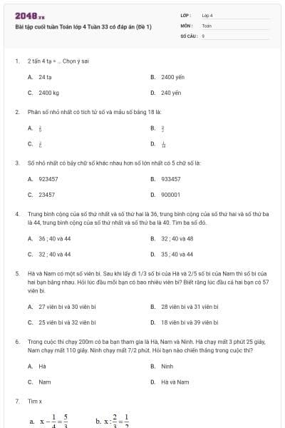 Bài tập cuối tuần Toán lớp 4 Tuần 33 có đáp án (Đề 1)
