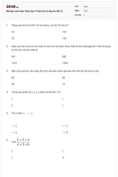 Bài tập cuối tuần Toán lớp 4 Tuần 35 có đáp án (Đề 2)