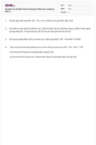Đề kiểm tra 45 phút Toán 6 Chương 2 Hình học có đáp án (Đề 3)