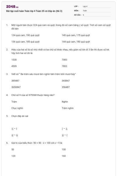 Bài tập cuối tuần Toán lớp 4 Tuần 35 có đáp án (Đề 3)