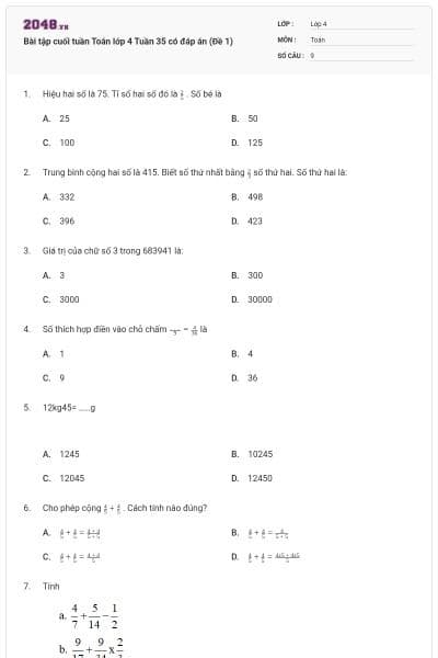 Bài tập cuối tuần Toán lớp 4 Tuần 35 có đáp án (Đề 1)