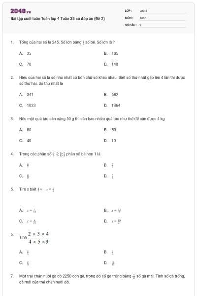 Bài tập cuối tuần Toán lớp 4 Tuần 35 có đáp án (Đề 2)