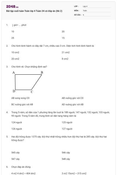 Bài tập cuối tuần Toán lớp 4 Tuần 34 có đáp án (Đề 2)