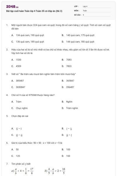 Bài tập cuối tuần Toán lớp 4 Tuần 35 có đáp án (Đề 3)