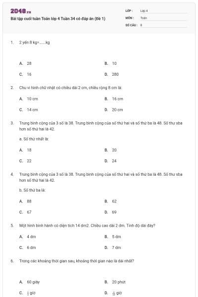 Bài tập cuối tuần Toán lớp 4 Tuần 34 có đáp án (Đề 1)