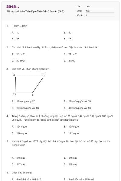 Bài tập cuối tuần Toán lớp 4 Tuần 34 có đáp án (Đề 2)
