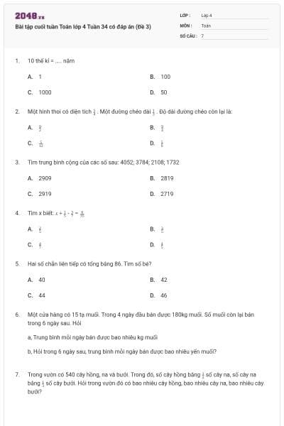 Bài tập cuối tuần Toán lớp 4 Tuần 34 có đáp án (Đề 3)
