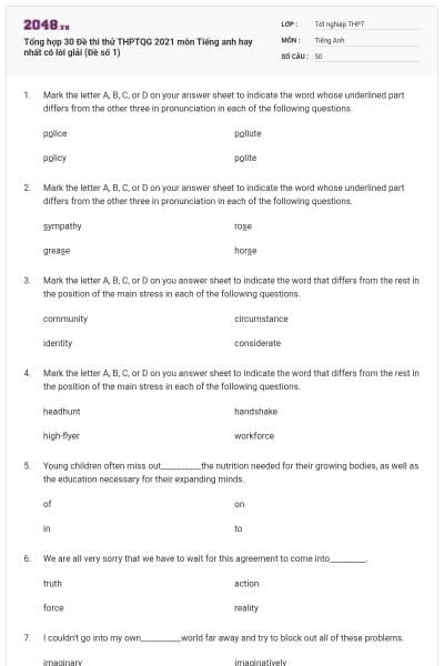 Tổng hợp 30 Đề thi thử THPTQG 2021 môn Tiếng anh hay nhất có lời giải (Đề số 1)