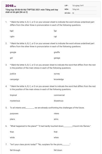 Tổng hợp 30 Đề thi thử THPTQG 2021 môn Tiếng anh hay nhất có lời giải (Đề số 2)