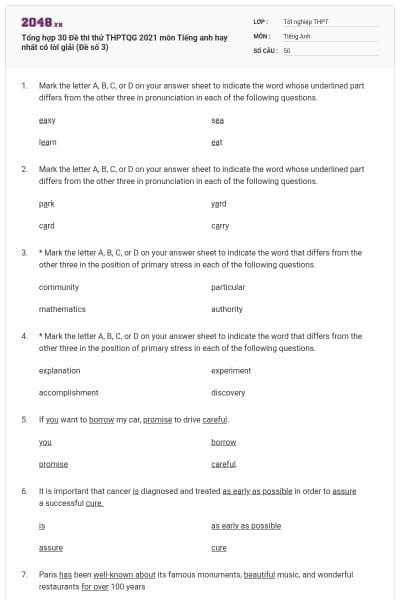 Tổng hợp 30 Đề thi thử THPTQG 2021 môn Tiếng anh hay nhất có lời giải (Đề số 3)