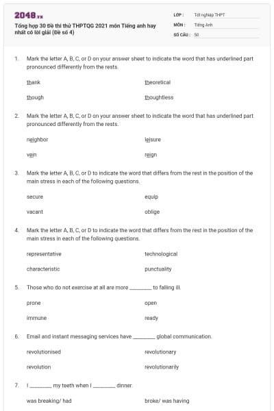 Tổng hợp 30 Đề thi thử THPTQG 2021 môn Tiếng anh hay nhất có lời giải (Đề số 4)