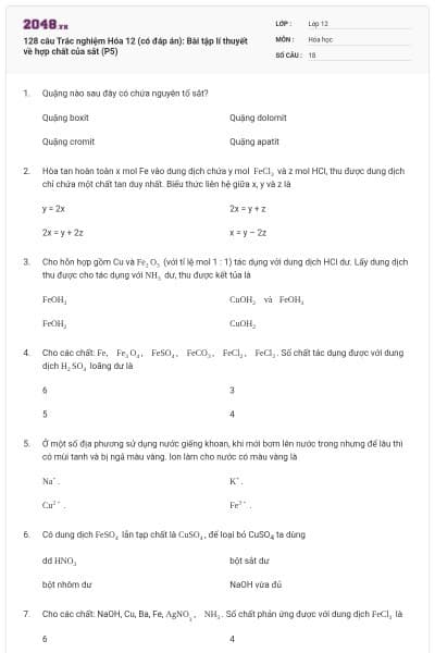 128 câu  Trắc nghiệm Hóa 12 (có đáp án): Bài tập lí thuyết về hợp chất của sắt (P5)