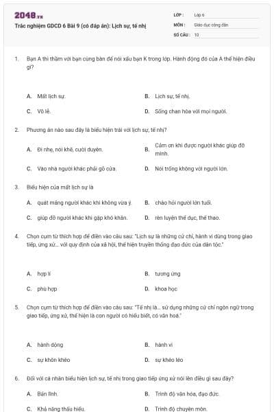 Trắc nghiệm GDCD 6 Bài 9 (có đáp án): Lịch sự, tế nhị
