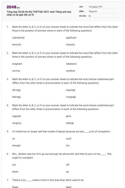 Tổng hợp 30 Đề thi thử THPTQG 2021 môn Tiếng anh hay nhất có lời giải (Đề số 9)
