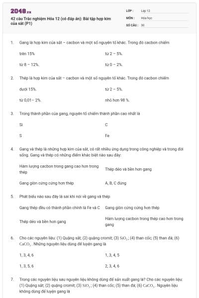 42 câu Trắc nghiệm Hóa 12 (có đáp án): Bài tập hợp kim của sắt (P1)