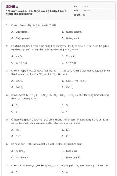128 câu Trắc nghiệm Hóa 12 (có đáp án): Bài tập lí thuyết về hợp chất của sắt (P5)