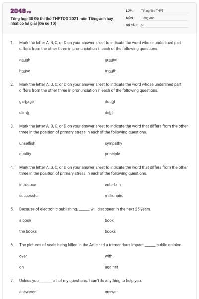 Tổng hợp 30 Đề thi thử THPTQG 2021 môn Tiếng anh hay nhất có lời giải (Đề số 10)