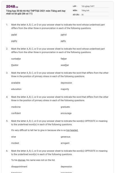 Tổng hợp 30 Đề thi thử THPTQG 2021 môn Tiếng anh hay nhất có lời giải (Đề số 11)