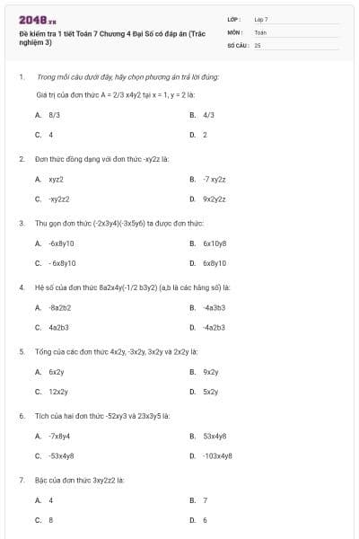 Đề kiểm tra 1 tiết Toán 7 Chương 4 Đại Số có đáp án (Trắc nghiệm 3)