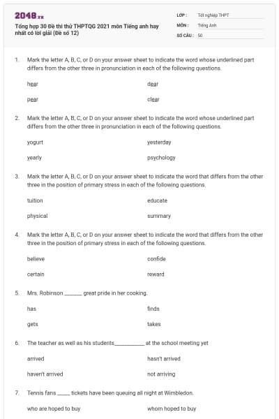 Tổng hợp 30 Đề thi thử THPTQG 2021 môn Tiếng anh hay nhất có lời giải (Đề số 12)