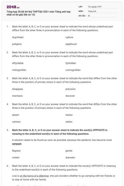 Tổng hợp 30 Đề thi thử THPTQG 2021 môn Tiếng anh hay nhất có lời giải (Đề số 13)