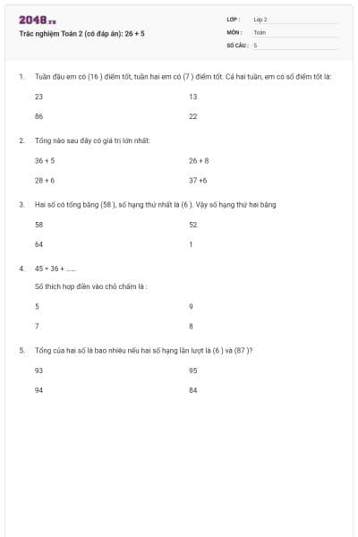 Trắc nghiệm Toán 2 (có đáp án): 26 + 5
