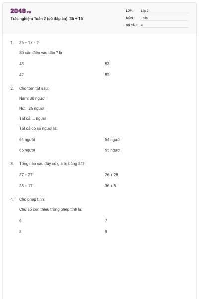 Trắc nghiệm Toán 2 (có đáp án): 36 + 15