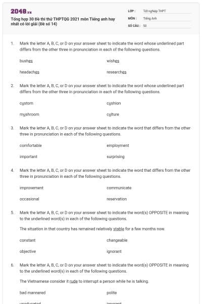 Tổng hợp 30 Đề thi thử THPTQG 2021 môn Tiếng anh hay nhất có lời giải (Đề số 14)