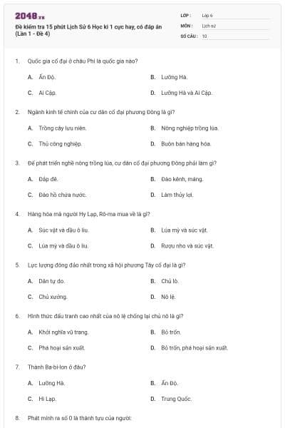 Đề kiểm tra 15 phút Lịch Sử 6 Học kì 1 cực hay, có đáp án (Lần 1 - Đề 4)