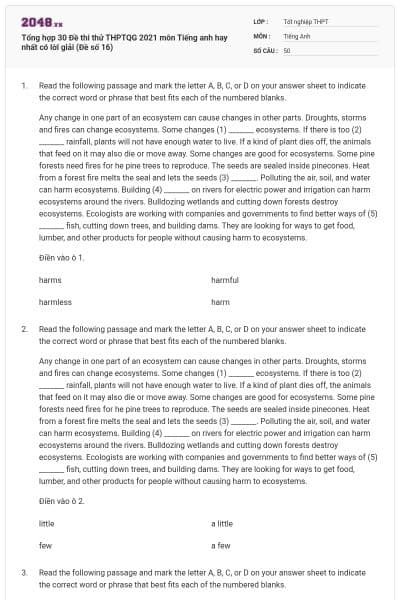 Tổng hợp 30 Đề thi thử THPTQG 2021 môn Tiếng anh hay nhất có lời giải (Đề số 16)